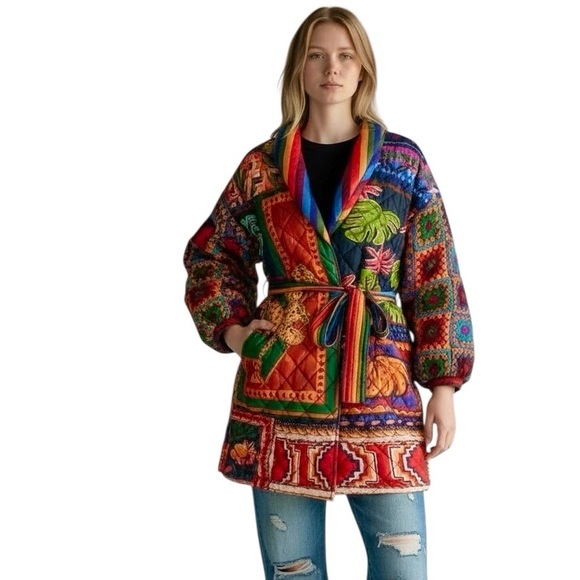 FARM RIO Patchwork Coat Quilted Crochet Sweater Sleeve Trench Boho Print Jacket - Picture 1 of 16